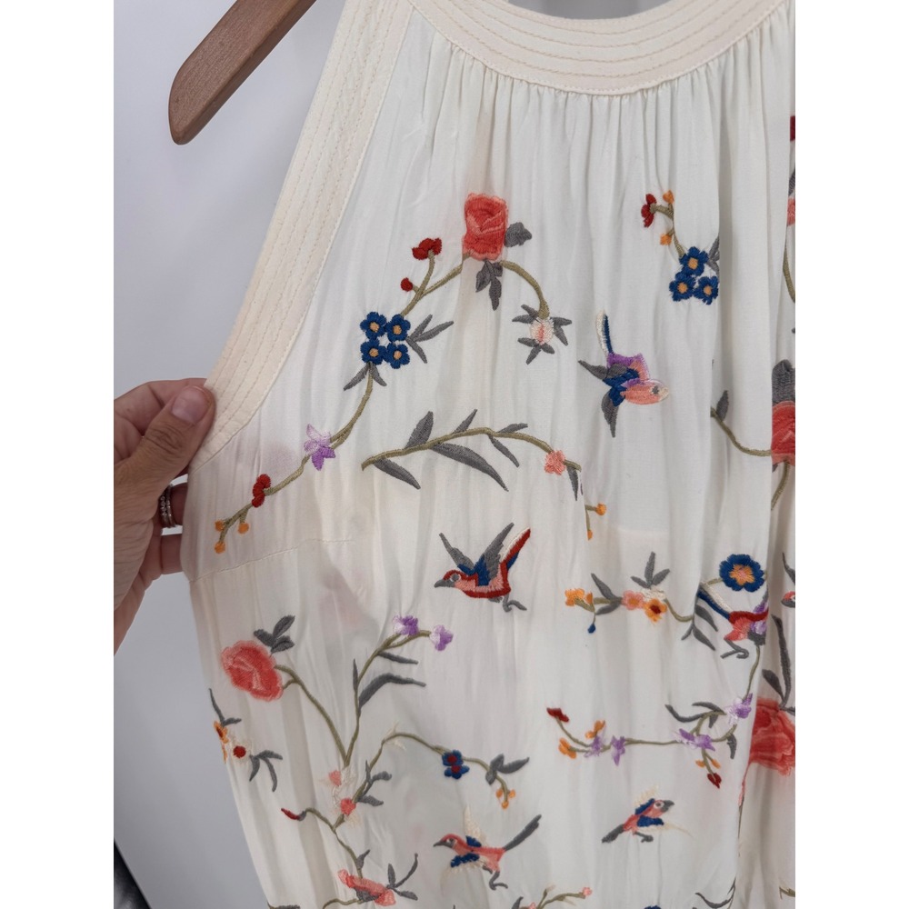 Anthropologie Halter Top Women Size 8 Ivory Embroidered Fringe Boho Bird - Picture 9 of 14